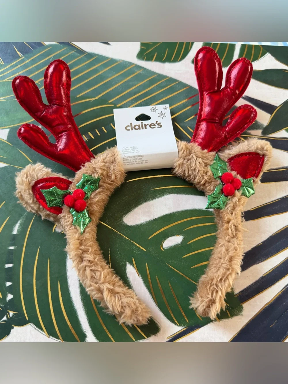Claire’s Plush Reindeer Antler Christmas Headband Holly NWT